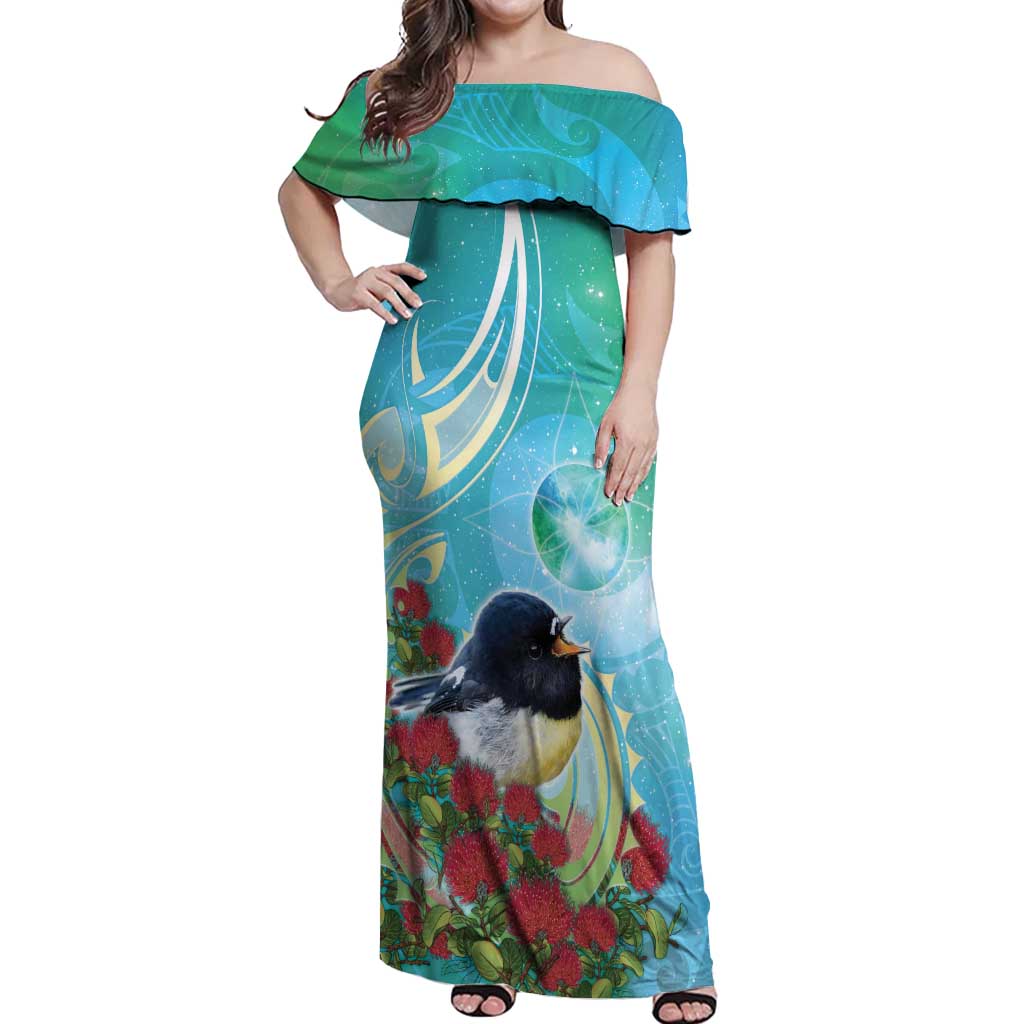 New Zealand Tomtit Off Shoulder Maxi Dress Maori Koru With Pohutukawa Galaxy Style - Aussie Hoodie