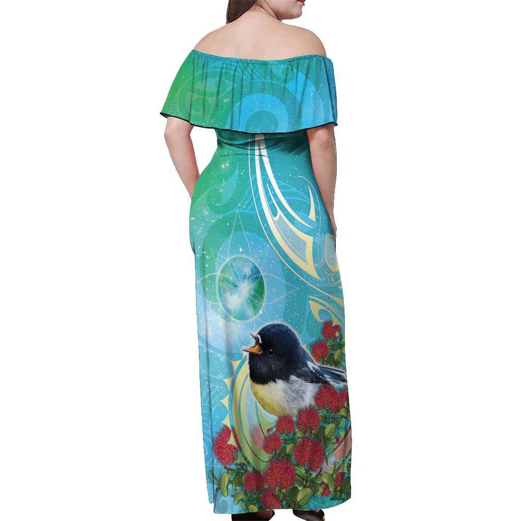 New Zealand Tomtit Off Shoulder Maxi Dress Maori Koru With Pohutukawa Galaxy Style - Aussie Hoodie