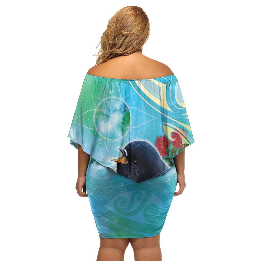 New Zealand Tomtit Off Shoulder Short Dress Maori Koru With Pohutukawa Galaxy Style - Aussie Hoodie