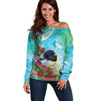 New Zealand Tomtit Off Shoulder Sweater Maori Koru With Pohutukawa Galaxy Style - Aussie Hoodie
