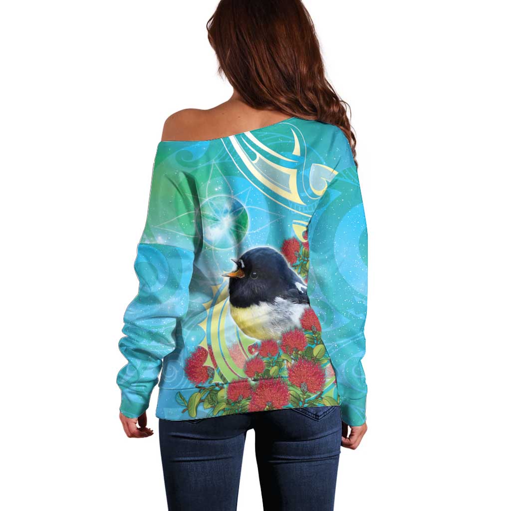 New Zealand Tomtit Off Shoulder Sweater Maori Koru With Pohutukawa Galaxy Style - Aussie Hoodie