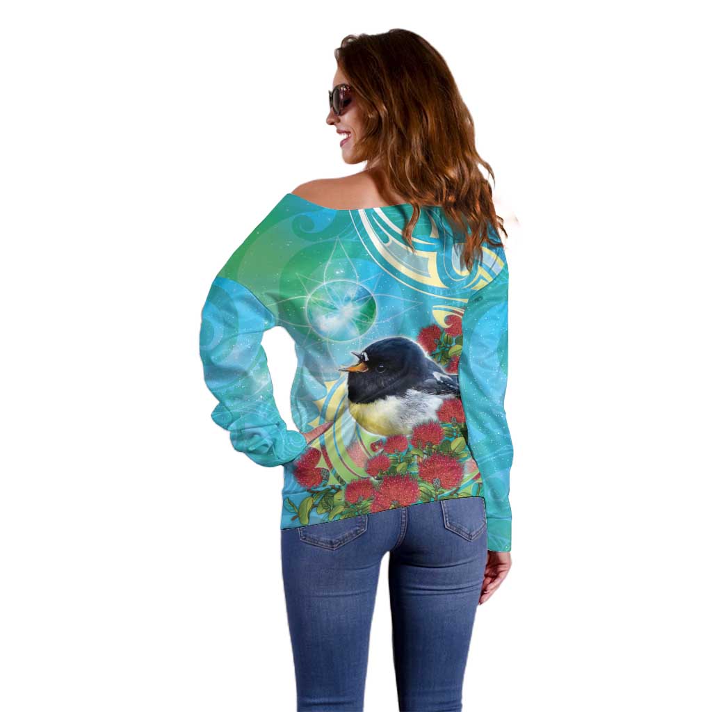 New Zealand Tomtit Off Shoulder Sweater Maori Koru With Pohutukawa Galaxy Style - Aussie Hoodie
