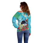 New Zealand Tomtit Off Shoulder Sweater Maori Koru With Pohutukawa Galaxy Style - Aussie Hoodie