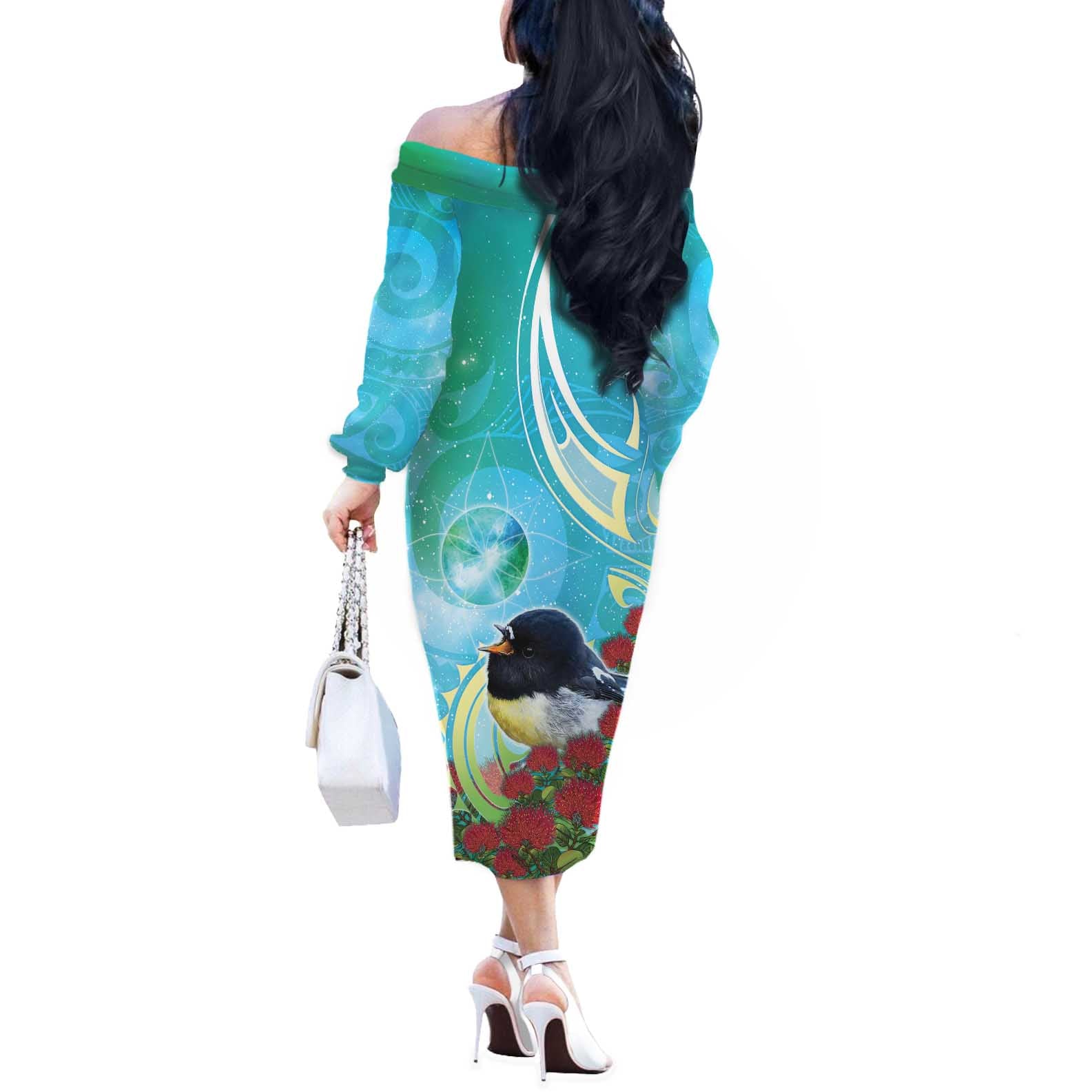 New Zealand Tomtit Off The Shoulder Long Sleeve Dress Maori Koru With Pohutukawa Galaxy Style - Aussie Hoodie