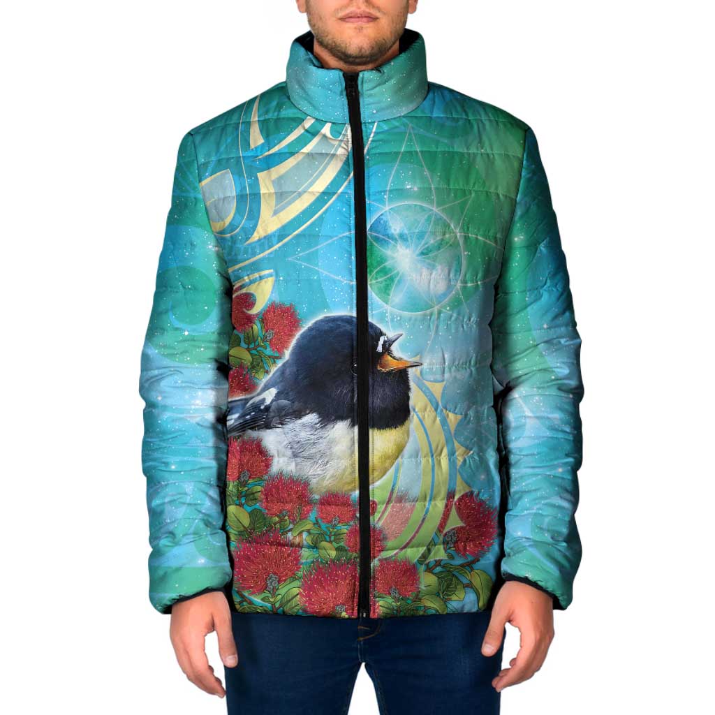 New Zealand Tomtit Padded Jacket Maori Koru With Pohutukawa Galaxy Style - Aussie Hoodie