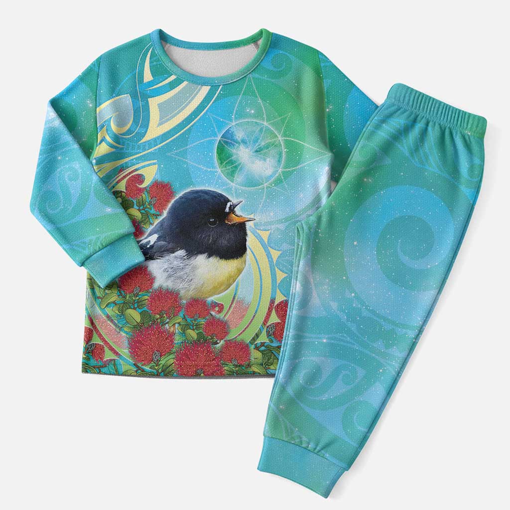New Zealand Tomtit Christmas Pajama Set Maori Koru With Pohutukawa Galaxy Style - Aussie Hoodie