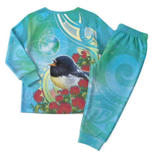 New Zealand Tomtit Christmas Pajama Set Maori Koru With Pohutukawa Galaxy Style - Aussie Hoodie