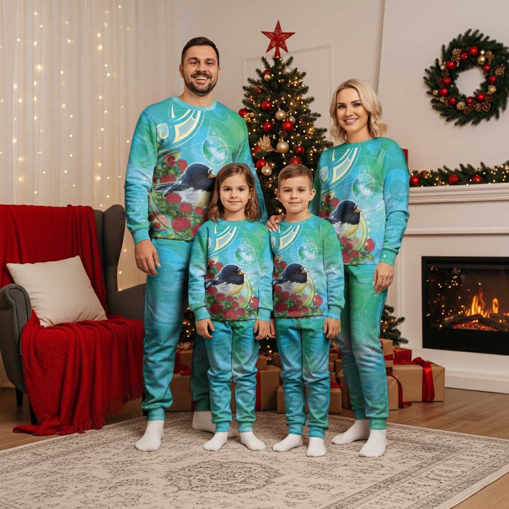New Zealand Tomtit Christmas Pajama Set Maori Koru With Pohutukawa Galaxy Style - Aussie Hoodie
