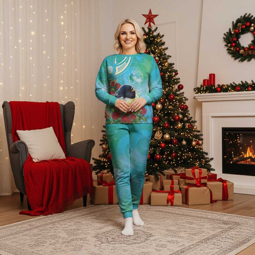 New Zealand Tomtit Christmas Pajama Set Maori Koru With Pohutukawa Galaxy Style - Aussie Hoodie