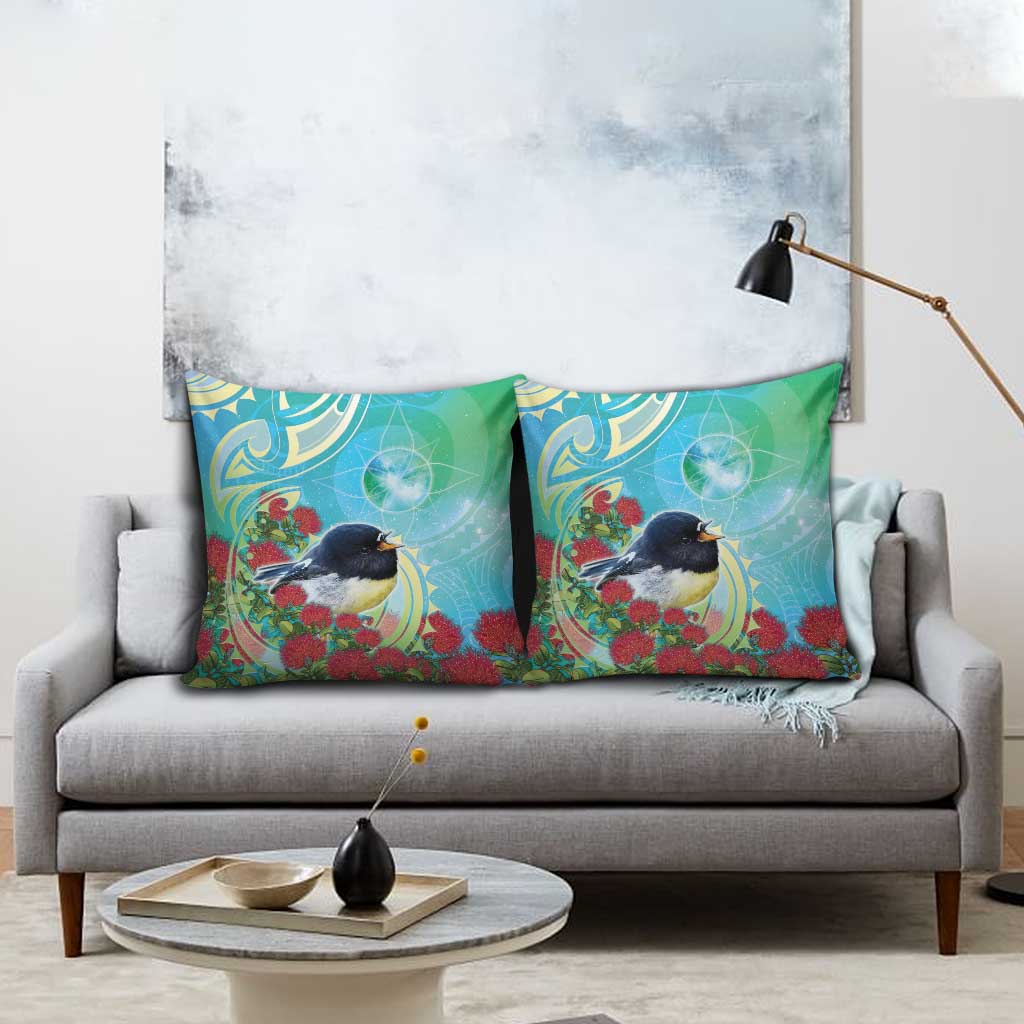 New Zealand Tomtit Pillow Cover Maori Koru With Pohutukawa Galaxy Style - Aussie Hoodie