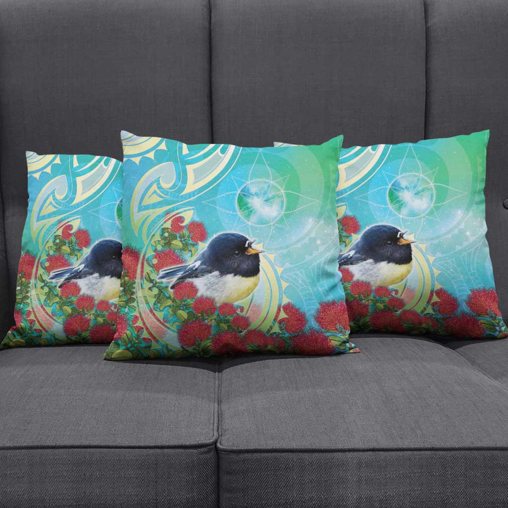 New Zealand Tomtit Pillow Cover Maori Koru With Pohutukawa Galaxy Style - Aussie Hoodie