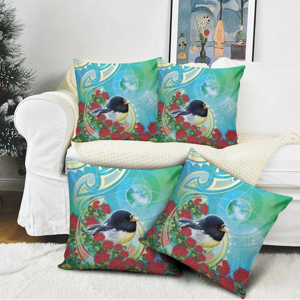 New Zealand Tomtit Pillow Cover Maori Koru With Pohutukawa Galaxy Style - Aussie Hoodie