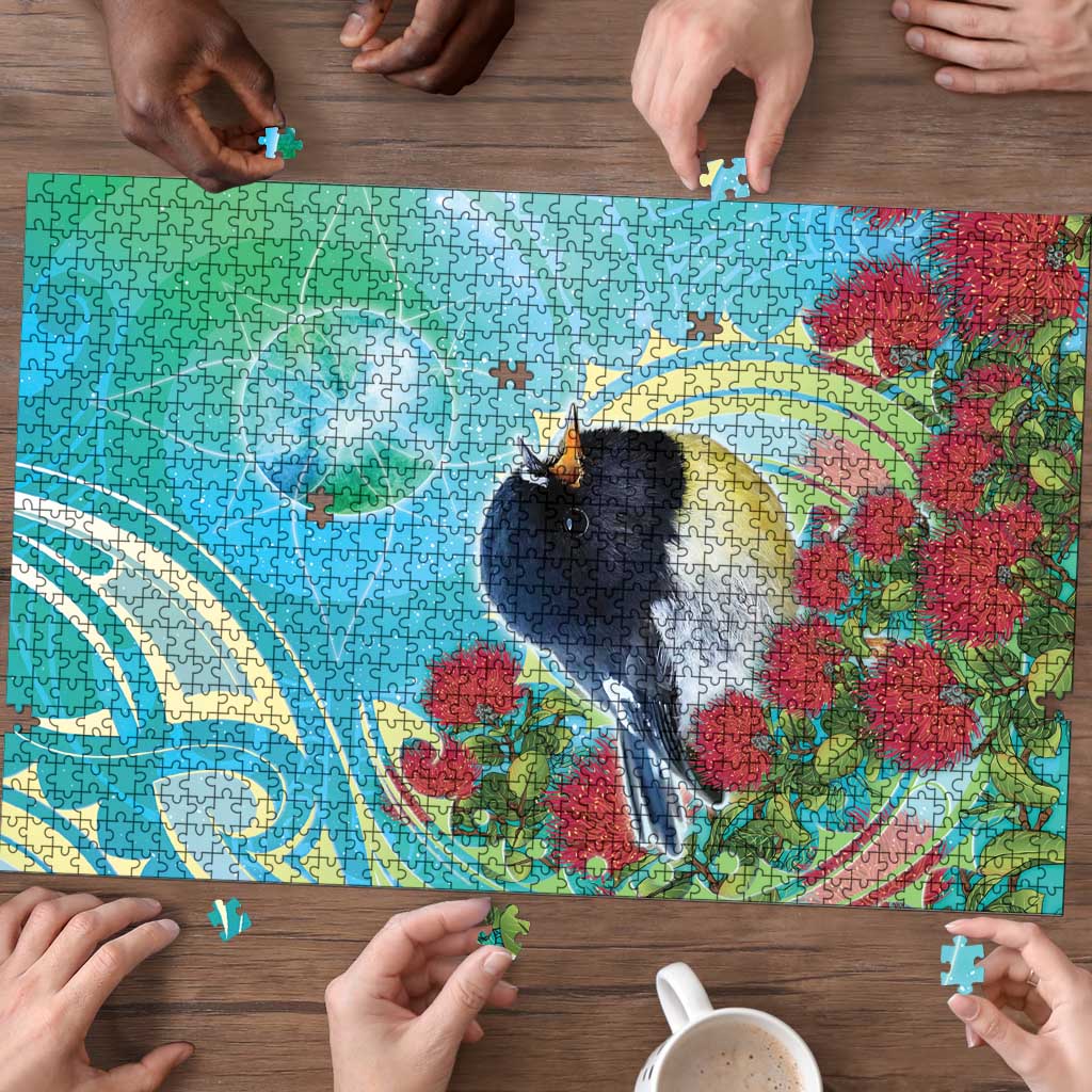New Zealand Tomtit Puzzle Maori Koru With Pohutukawa Galaxy Style - Aussie Hoodie