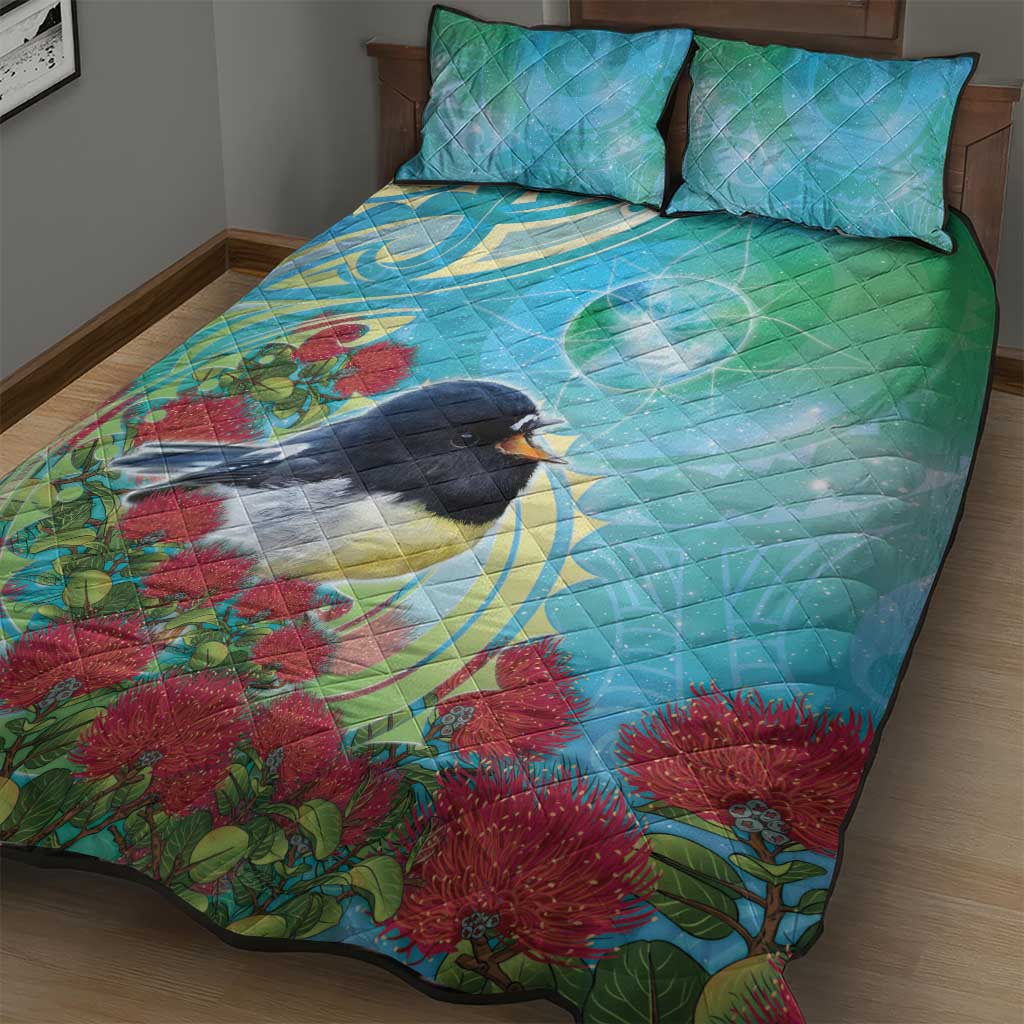 New Zealand Tomtit Quilt Bed Set Maori Koru With Pohutukawa Galaxy Style - Aussie Hoodie