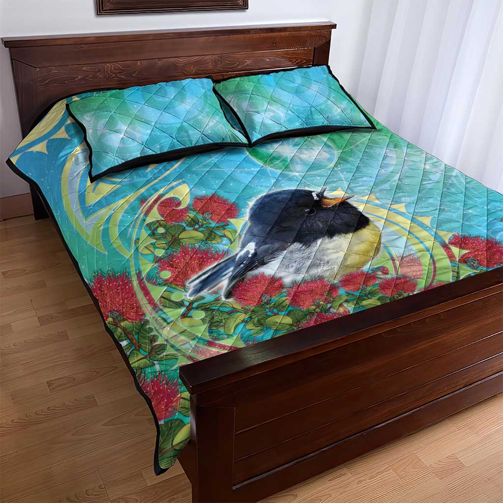 New Zealand Tomtit Quilt Bed Set Maori Koru With Pohutukawa Galaxy Style - Aussie Hoodie