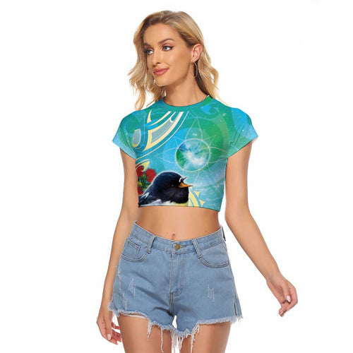 New Zealand Tomtit Raglan Cropped T Shirt Maori Koru With Pohutukawa Galaxy Style - Aussie Hoodie