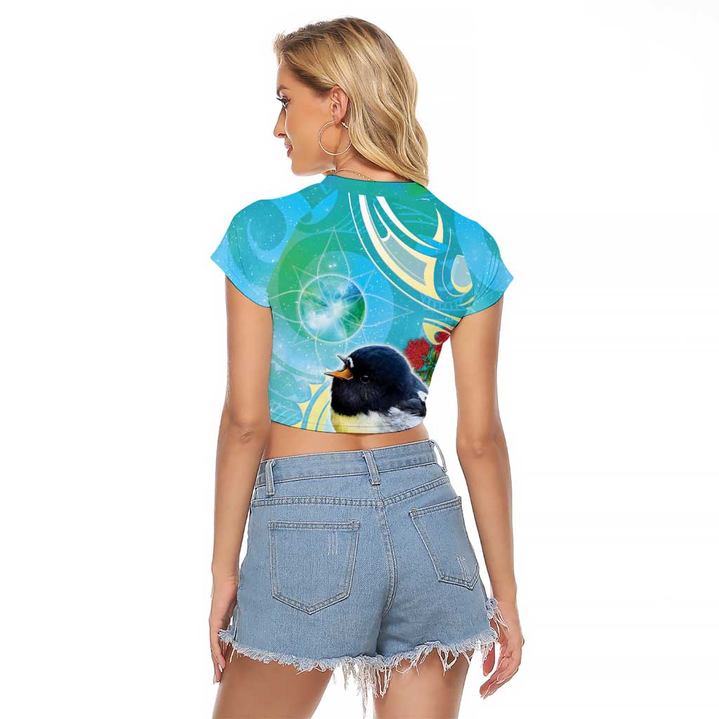 New Zealand Tomtit Raglan Cropped T Shirt Maori Koru With Pohutukawa Galaxy Style - Aussie Hoodie