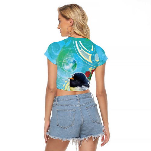 New Zealand Tomtit Raglan Cropped T Shirt Maori Koru With Pohutukawa Galaxy Style - Aussie Hoodie