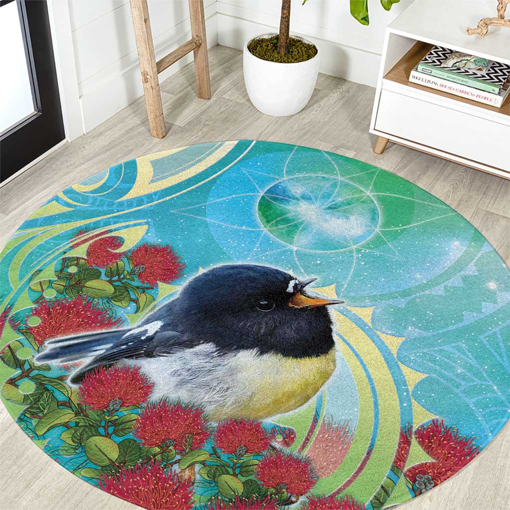 New Zealand Tomtit Round Carpet Maori Koru With Pohutukawa Galaxy Style - Aussie Hoodie