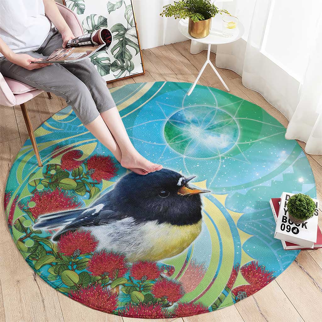 New Zealand Tomtit Round Carpet Maori Koru With Pohutukawa Galaxy Style - Aussie Hoodie