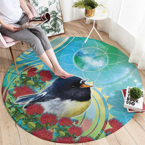 New Zealand Tomtit Round Carpet Maori Koru With Pohutukawa Galaxy Style - Aussie Hoodie