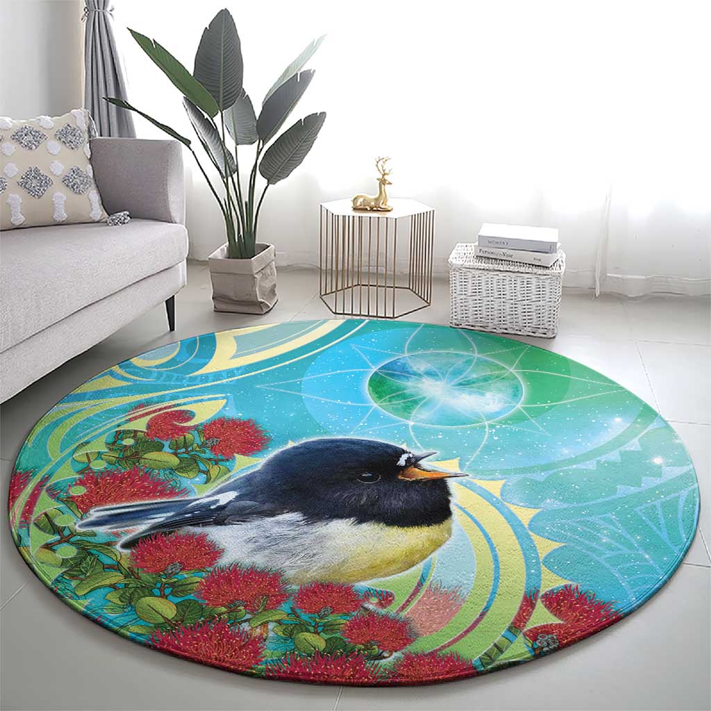New Zealand Tomtit Round Carpet Maori Koru With Pohutukawa Galaxy Style - Aussie Hoodie