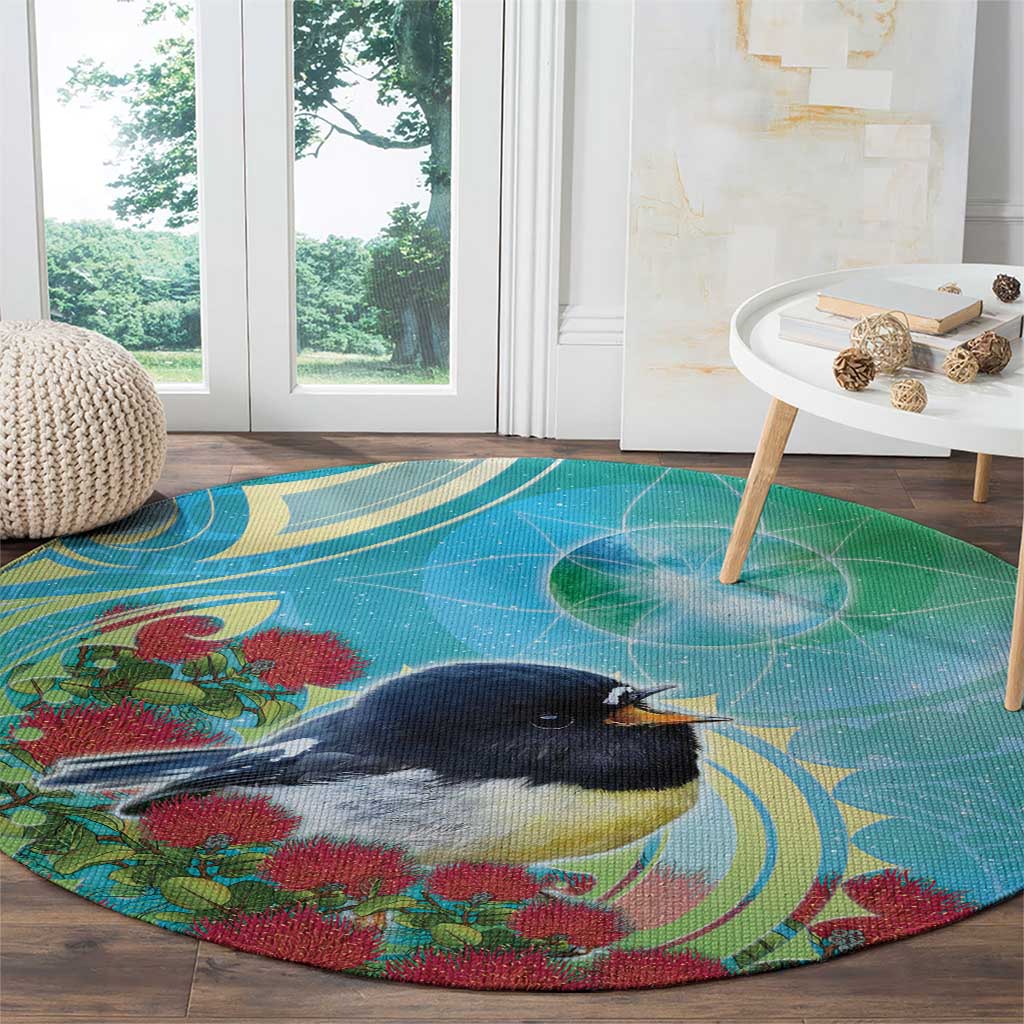 New Zealand Tomtit Round Carpet Maori Koru With Pohutukawa Galaxy Style - Aussie Hoodie