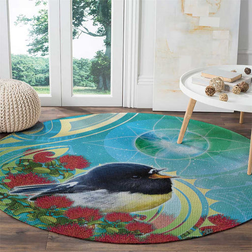 New Zealand Tomtit Round Carpet Maori Koru With Pohutukawa Galaxy Style - Aussie Hoodie