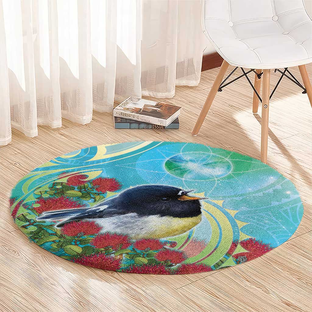 New Zealand Tomtit Round Carpet Maori Koru With Pohutukawa Galaxy Style - Aussie Hoodie