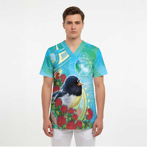 New Zealand Tomtit Scrub Top Maori Koru With Pohutukawa Galaxy Style - Aussie Hoodie