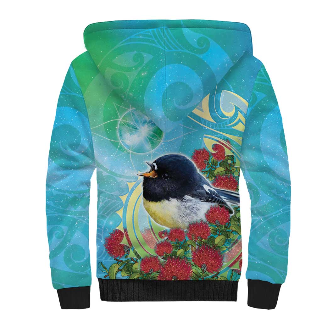 New Zealand Tomtit Sherpa Hoodie Maori Koru With Pohutukawa Galaxy Style - Aussie Hoodie