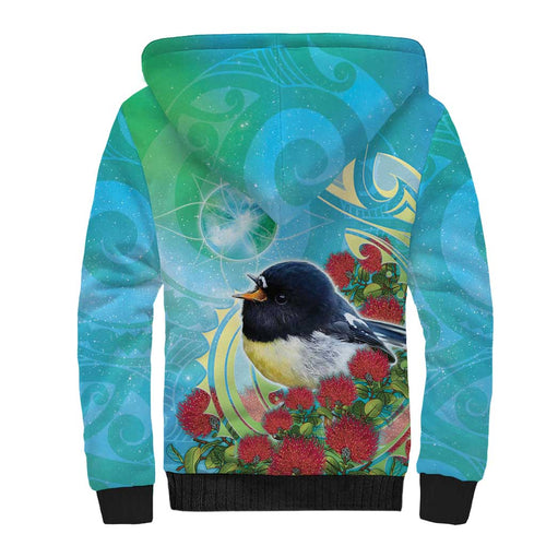New Zealand Tomtit Sherpa Hoodie Maori Koru With Pohutukawa Galaxy Style - Aussie Hoodie