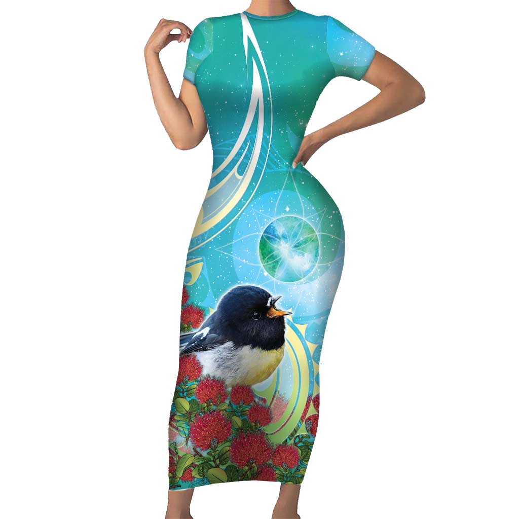 New Zealand Tomtit Short Sleeve Bodycon Dress Maori Koru With Pohutukawa Galaxy Style - Aussie Hoodie