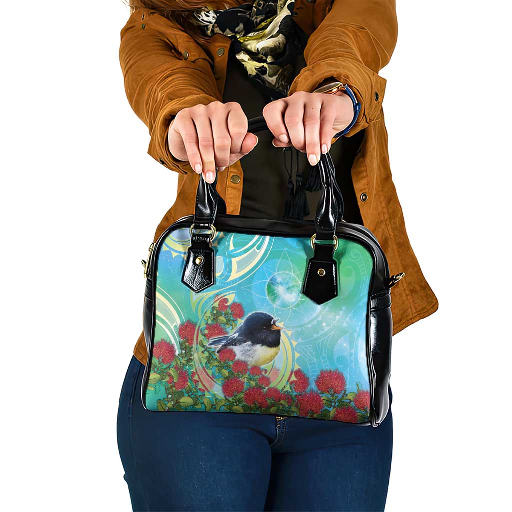 New Zealand Tomtit Shoulder Handbag Maori Koru With Pohutukawa Galaxy Style - Aussie Hoodie