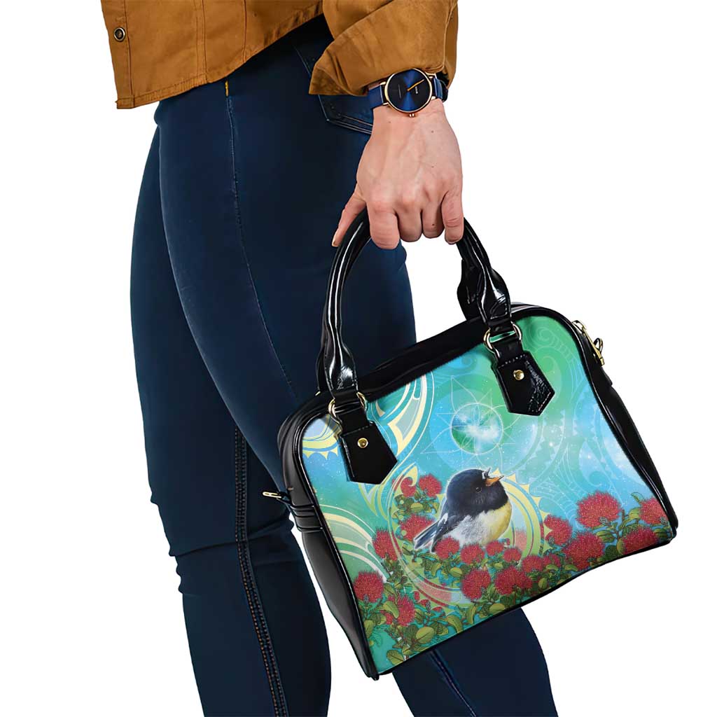 New Zealand Tomtit Shoulder Handbag Maori Koru With Pohutukawa Galaxy Style - Aussie Hoodie