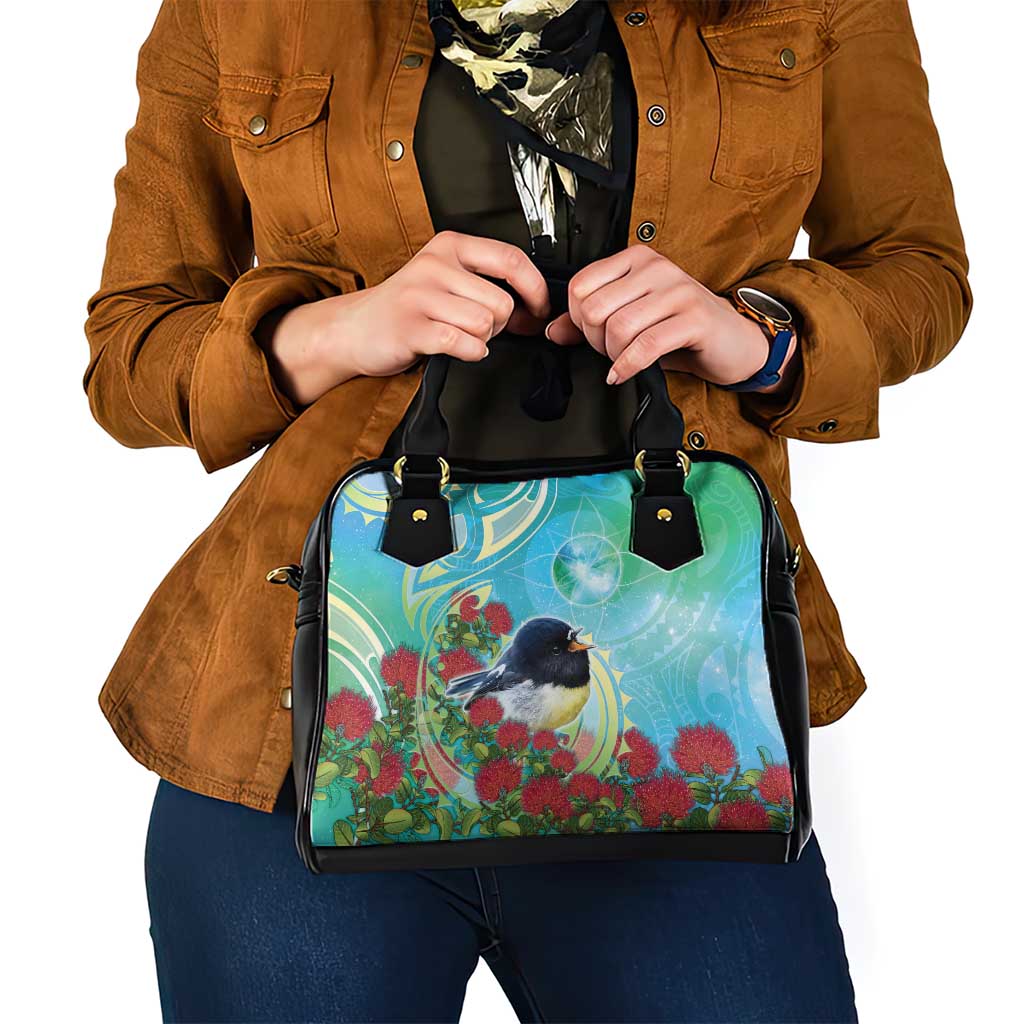 New Zealand Tomtit Shoulder Handbag Maori Koru With Pohutukawa Galaxy Style - Aussie Hoodie