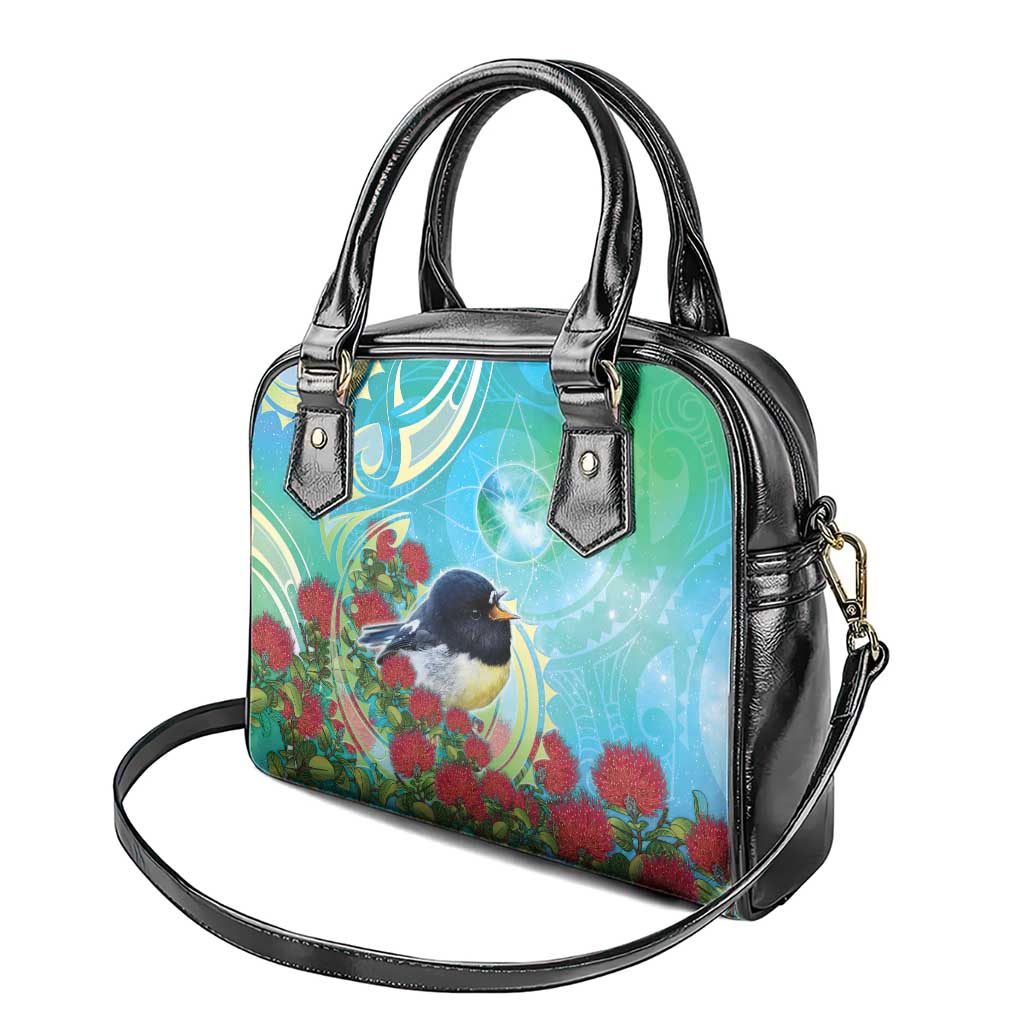 New Zealand Tomtit Shoulder Handbag Maori Koru With Pohutukawa Galaxy Style - Aussie Hoodie