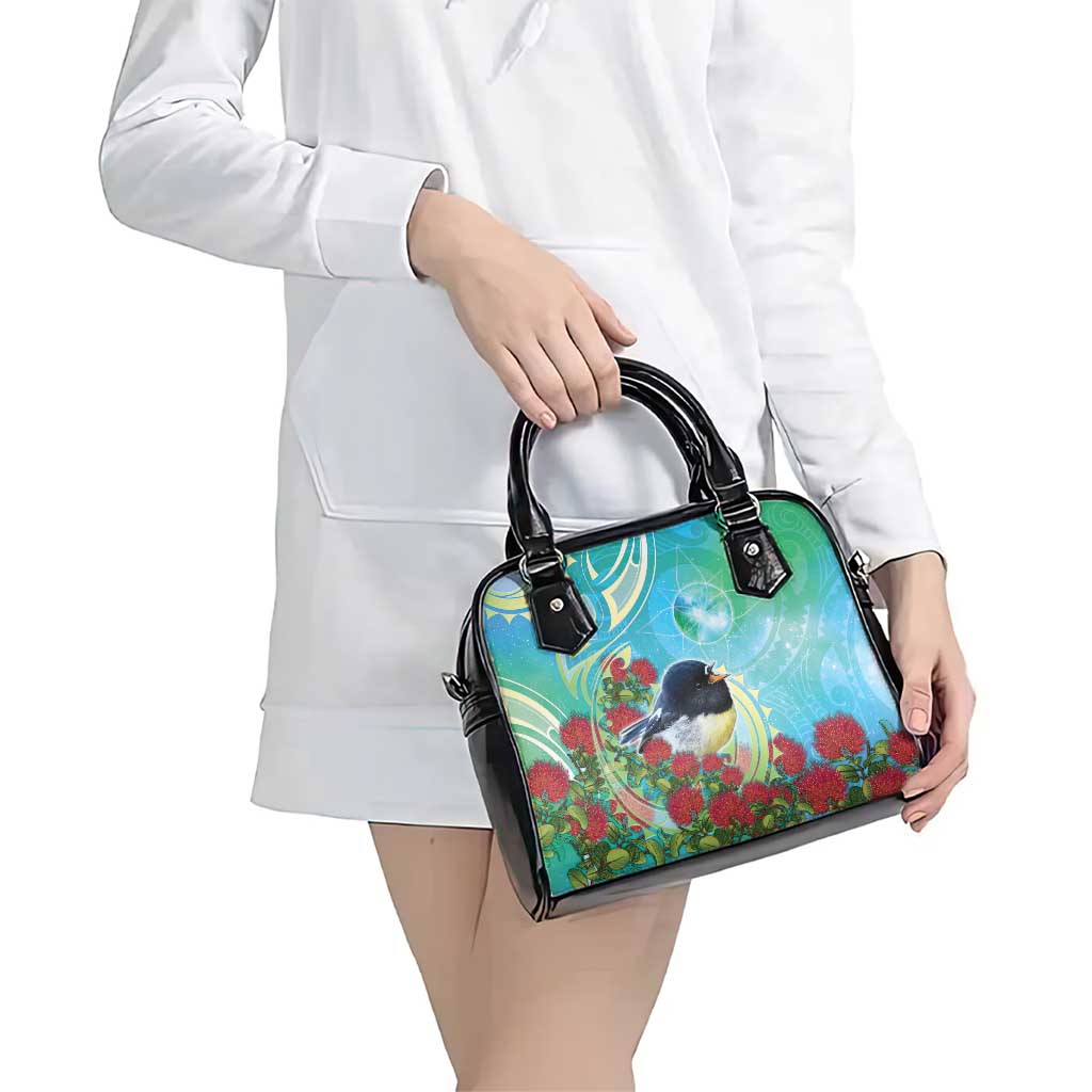 New Zealand Tomtit Shoulder Handbag Maori Koru With Pohutukawa Galaxy Style - Aussie Hoodie