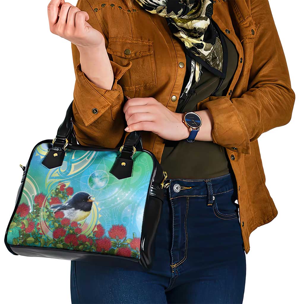 New Zealand Tomtit Shoulder Handbag Maori Koru With Pohutukawa Galaxy Style - Aussie Hoodie