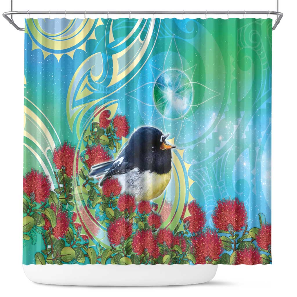 New Zealand Tomtit Shower Curtain Maori Koru With Pohutukawa Galaxy Style - Aussie Hoodie