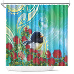 New Zealand Tomtit Shower Curtain Maori Koru With Pohutukawa Galaxy Style - Aussie Hoodie