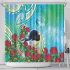 New Zealand Tomtit Shower Curtain Maori Koru With Pohutukawa Galaxy Style - Aussie Hoodie