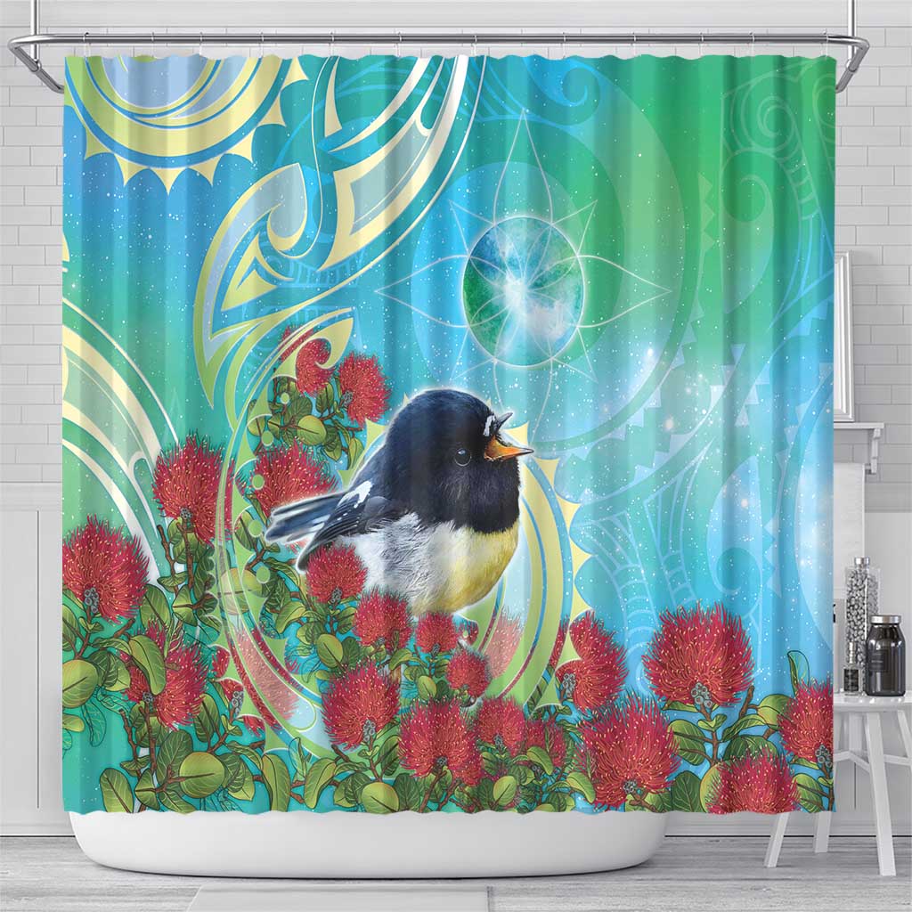 New Zealand Tomtit Shower Curtain Maori Koru With Pohutukawa Galaxy Style - Aussie Hoodie