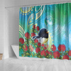 New Zealand Tomtit Shower Curtain Maori Koru With Pohutukawa Galaxy Style - Aussie Hoodie