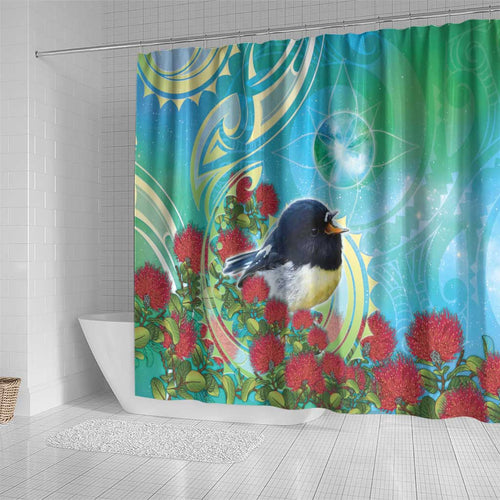 New Zealand Tomtit Shower Curtain Maori Koru With Pohutukawa Galaxy Style - Aussie Hoodie