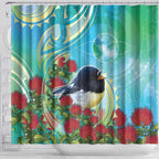 New Zealand Tomtit Shower Curtain Maori Koru With Pohutukawa Galaxy Style - Aussie Hoodie
