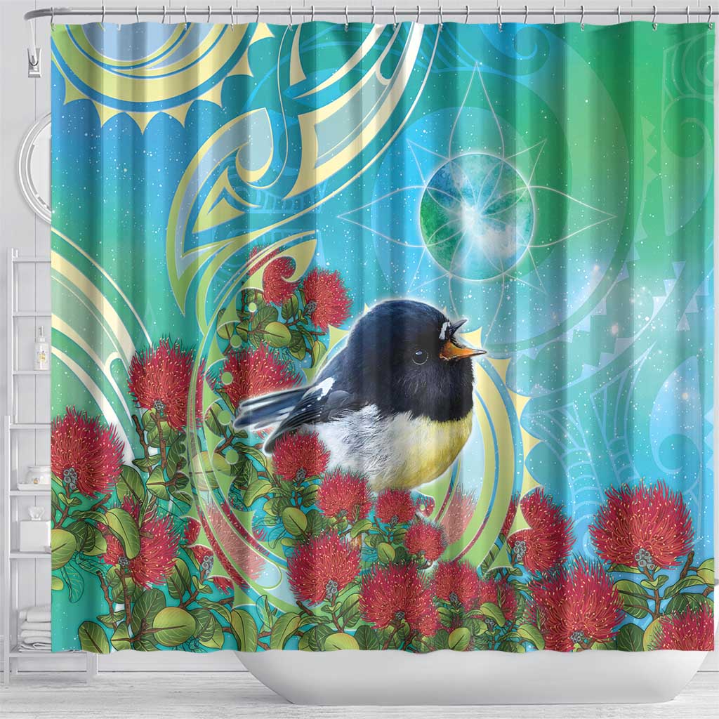 New Zealand Tomtit Shower Curtain Maori Koru With Pohutukawa Galaxy Style - Aussie Hoodie