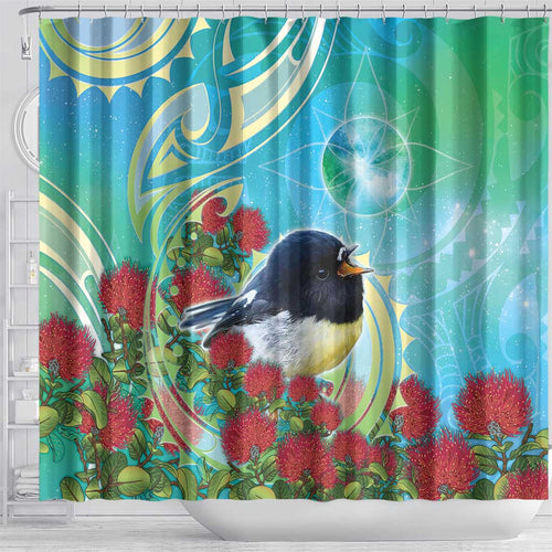 New Zealand Tomtit Shower Curtain Maori Koru With Pohutukawa Galaxy Style - Aussie Hoodie
