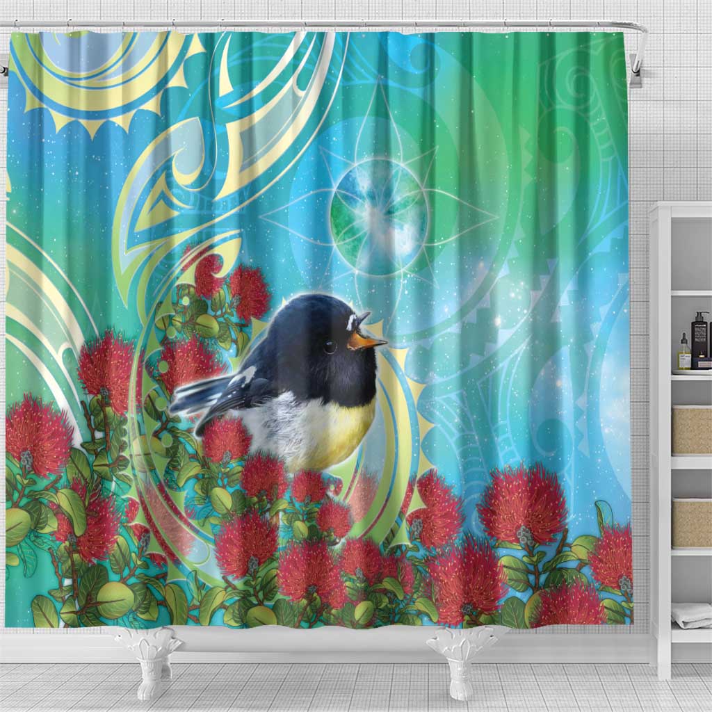 New Zealand Tomtit Shower Curtain Maori Koru With Pohutukawa Galaxy Style - Aussie Hoodie