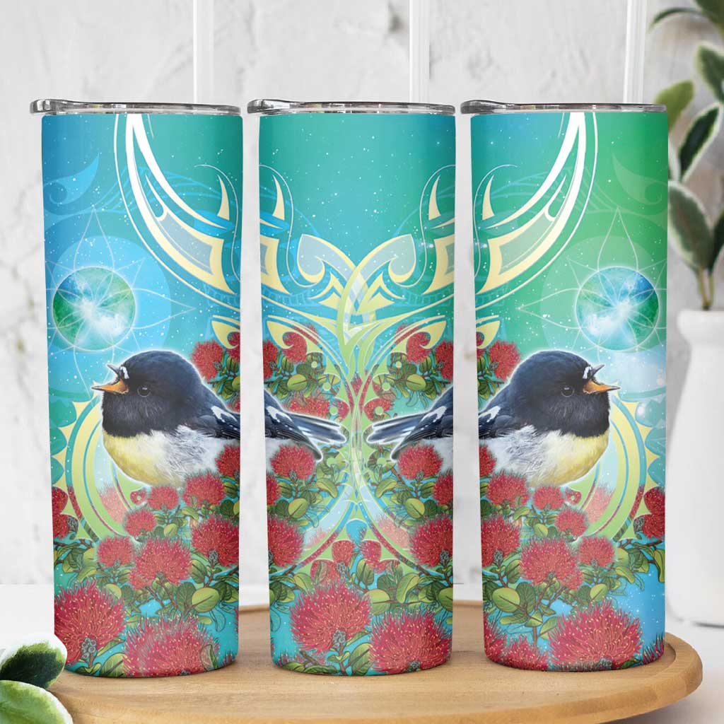 New Zealand Tomtit Skinny Tumbler Maori Koru With Pohutukawa Galaxy Style - Aussie Hoodie